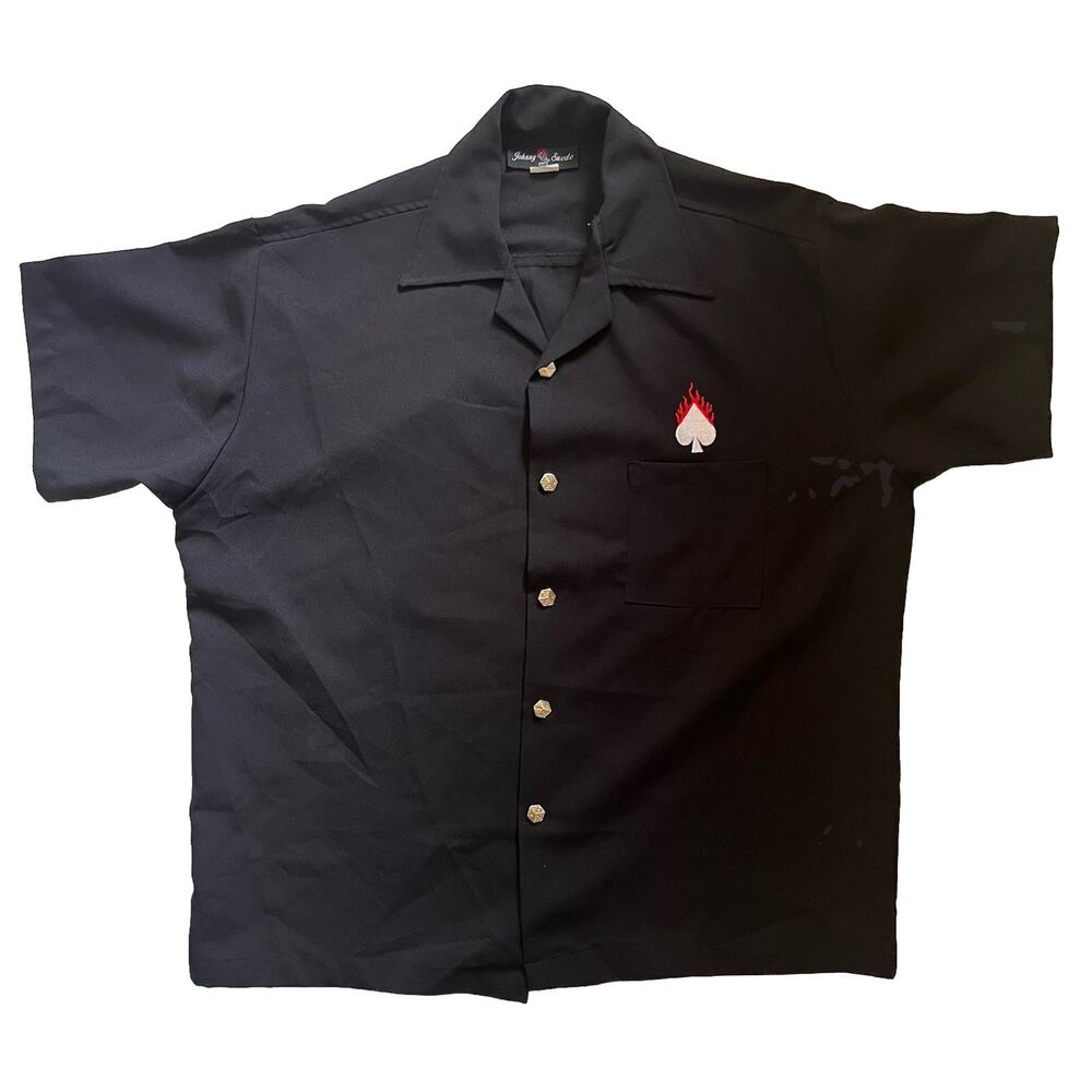 VTG Y2K Johnny Suede Rockabilly Casino Bowling Shirt L Flaming Poker Suits Dice